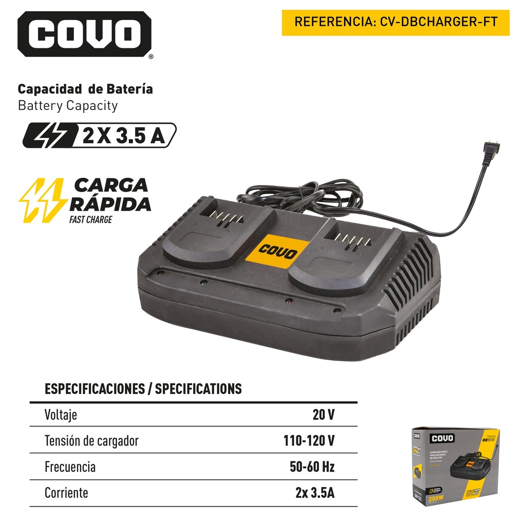 CARGADOR RAPIDO DOBLE 3.5 AMP 20V COVO 9-053