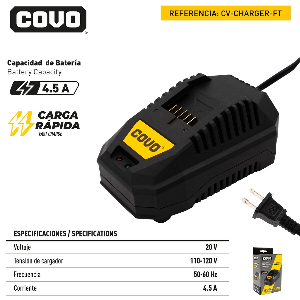 CARGADOR RAPIDO INDIVIDUAL 4.5 AMP 20V COVO 9-054