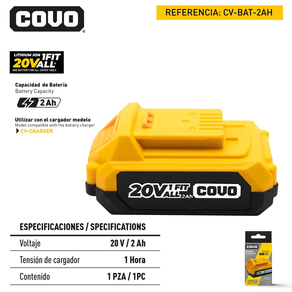 BATERIA o PILA 20V 2 AMP COVO 9-058