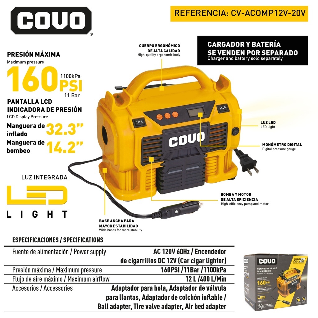 COMPRESOR DE AIRE INALAMBRICO 160PSI 20V COVO 9-062
