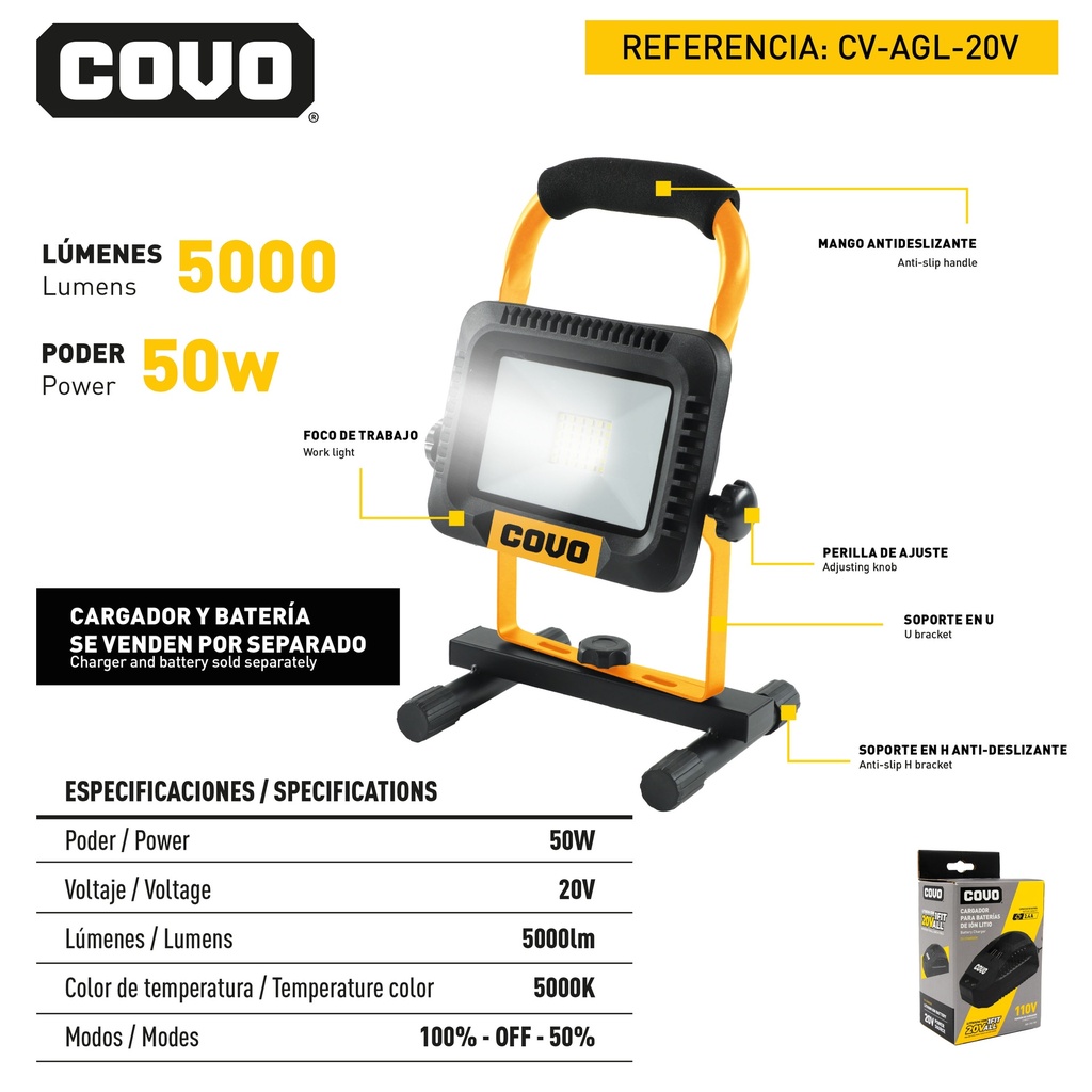 REFLECTOR LED INALAMBRICO 50W 20V COVO 9-063