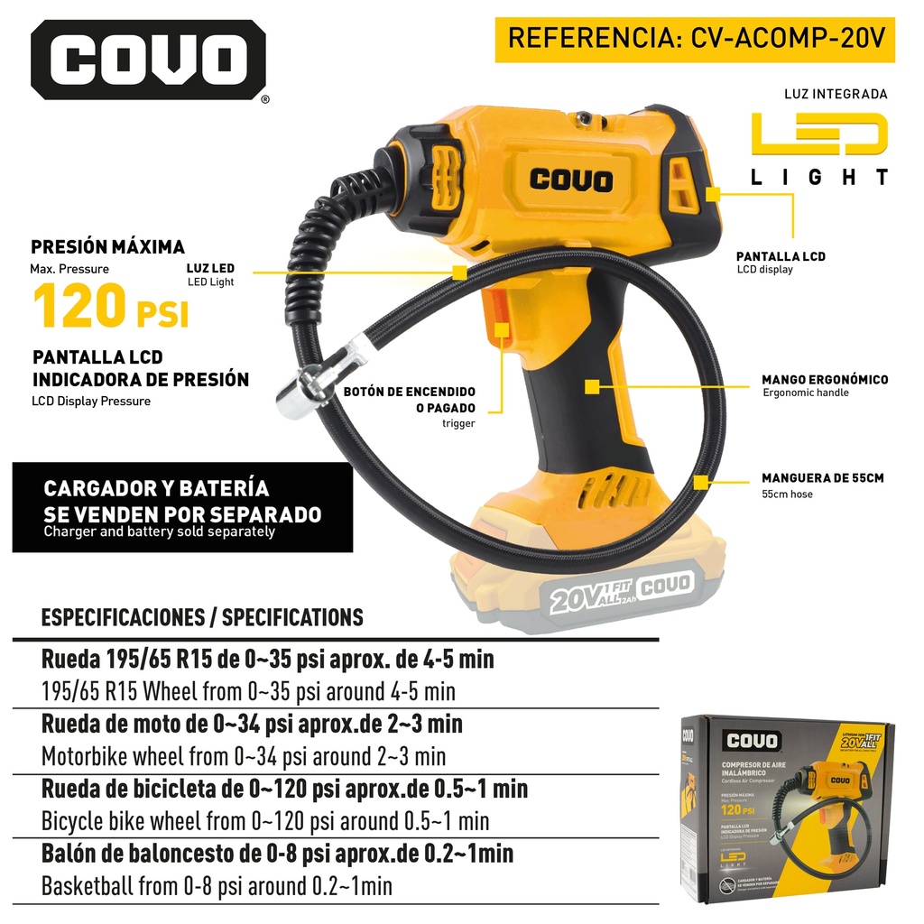 COMPRESOR DE AIRE INALAMBRICO 120PSI 20V COVO 9-064