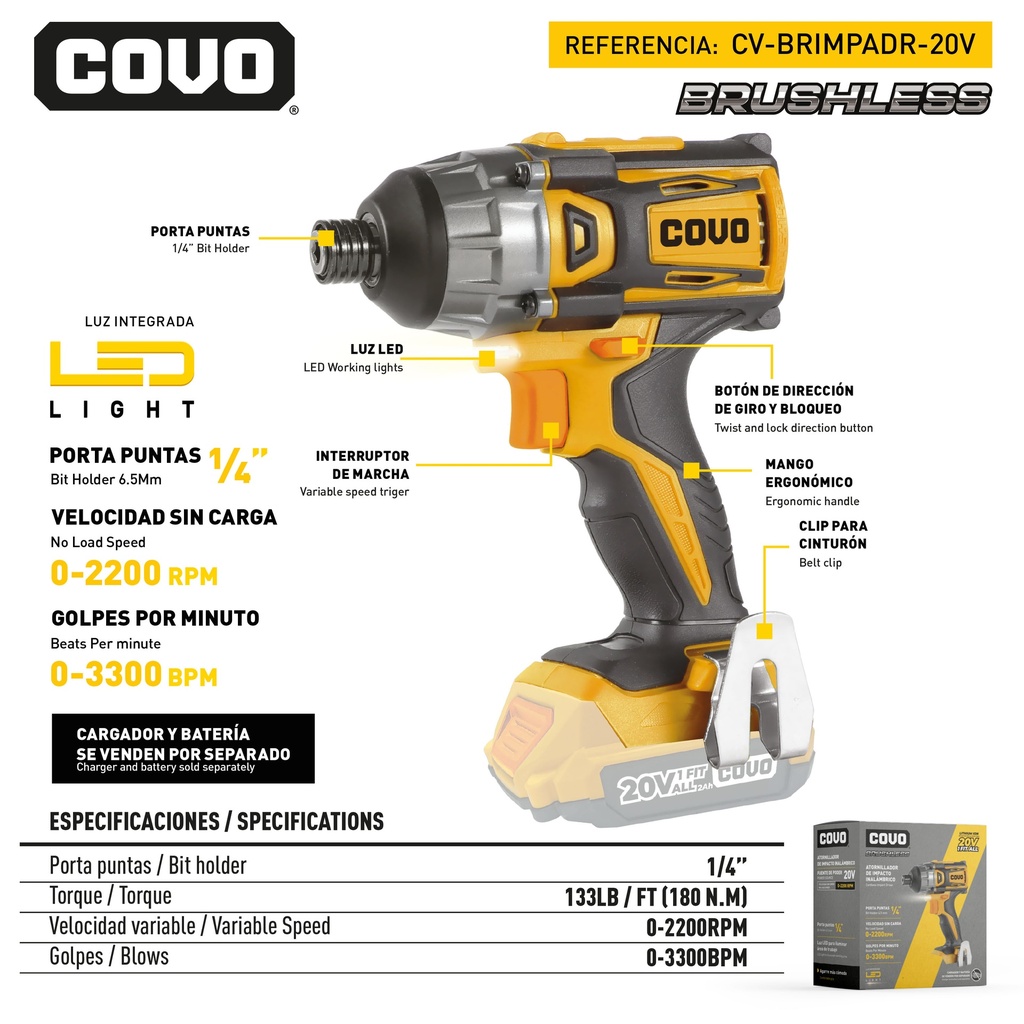 ATORNILLADOR DE IMPACTO INALAMBRICO 20V BRUSHLESS COVO 9-068