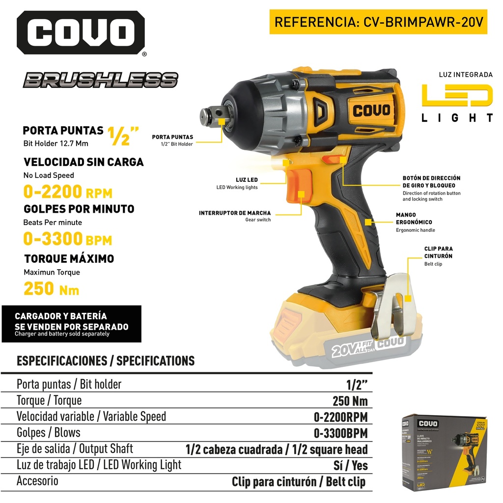 LLAVE DE IMPACTO INALAMBRICO 20V BRUSHLESS COVO 9-071