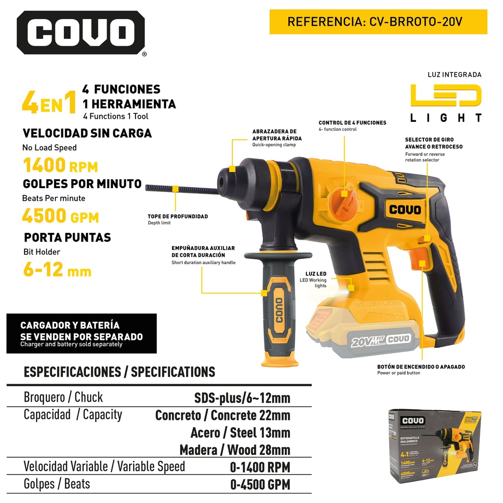 ROTOMARTILLO INALAMBRICO SDS 20V BRUSHLESS COVO 9-072