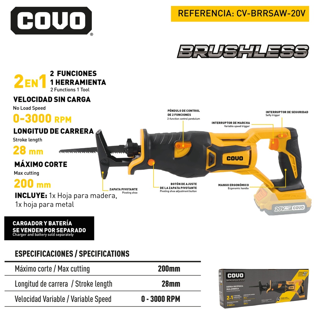 SIERRA SABLE RECIPROCA INALAMBRICO 20V BRUSHLESS COVO 9-073