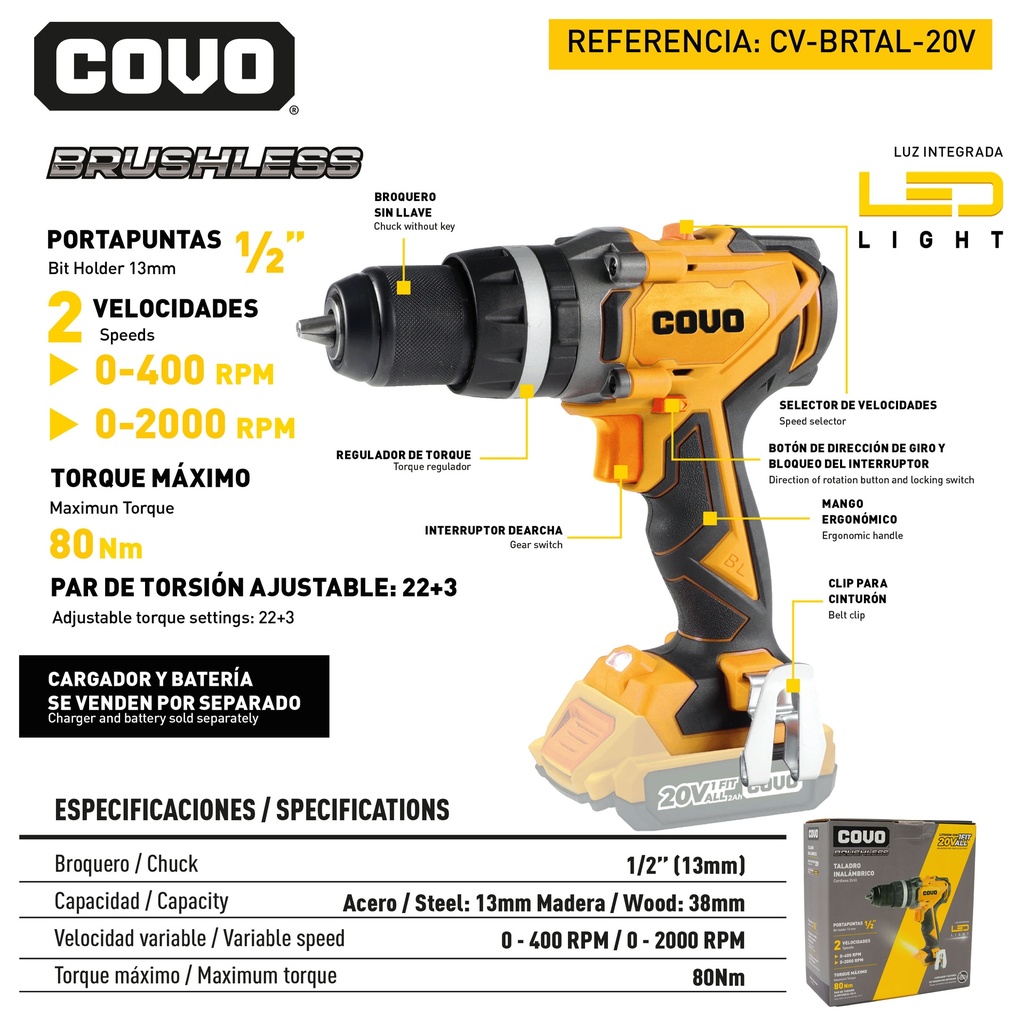 TALADRO INALAMBRICO 1/2 20V BRUSHLESS COVO 9-074