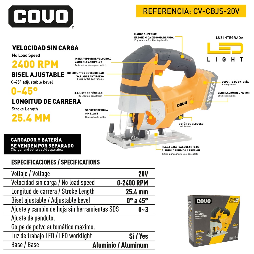 SIERRA CALADORA INALAMBRICO 20V COVO 9-076