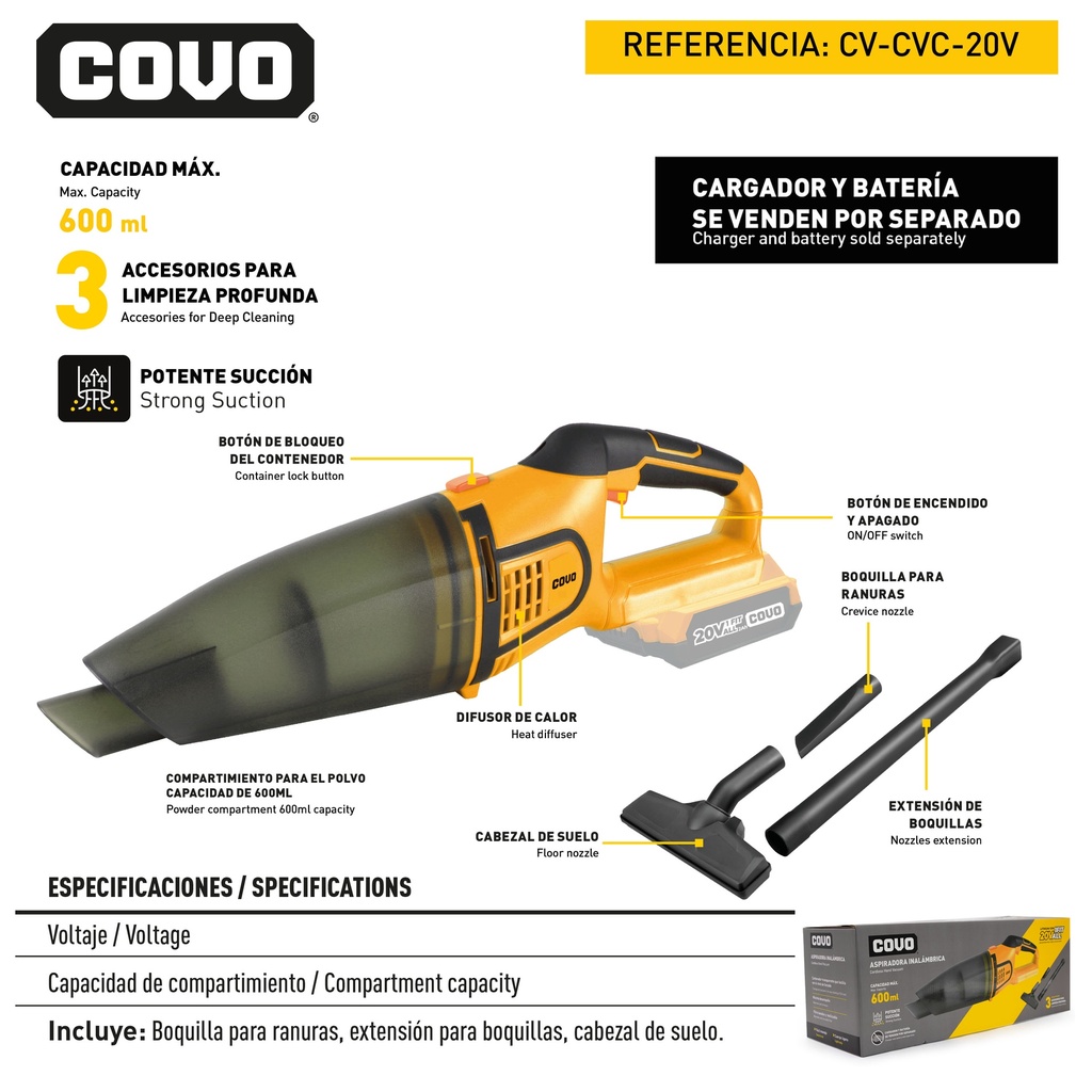 ASPIRADORA INALAMBRICO 20V COVO 9-077