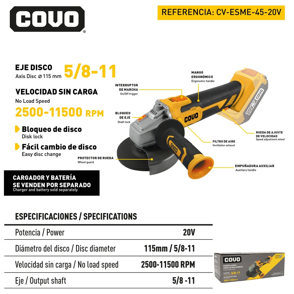 ESMERIL INALAMBRICO 4 1/2 20V COVO 9-078