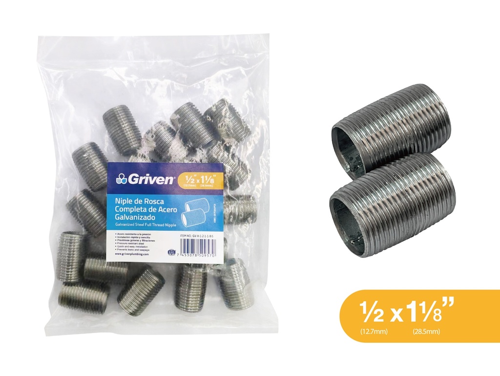 NIPLE GALVANIZADO CORRIDO 1/2" GRIVEN 9-188