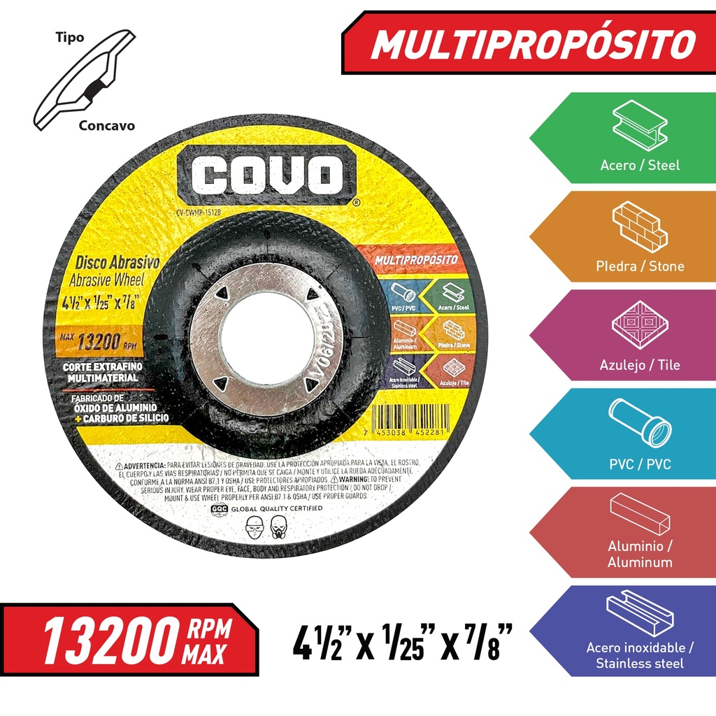 DISCO CORTE MULTIPROPOSITO 4 1/2" x 1/25" COVO (CONCOVO) 7-022