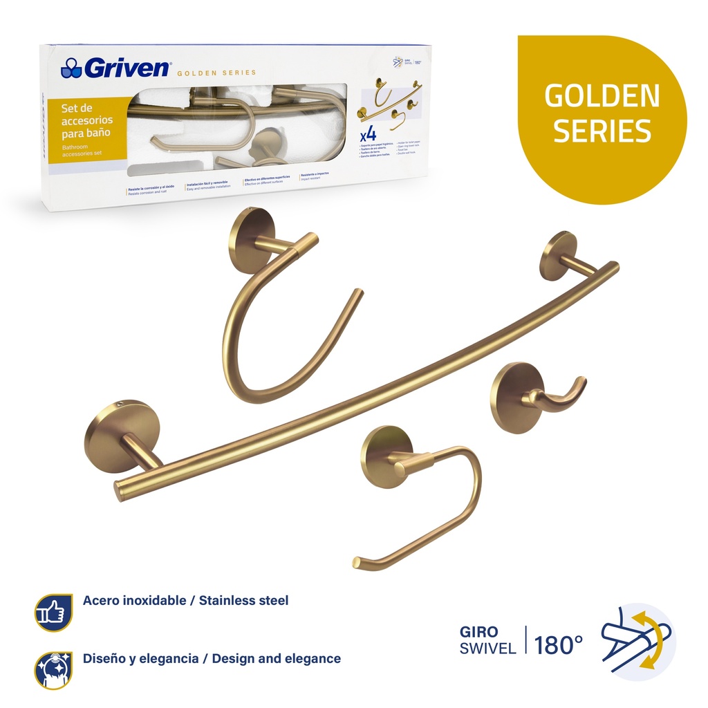 ACCESORIO DE BAÑO 4 PZA METALICO GRIVEN GOLD 7-056