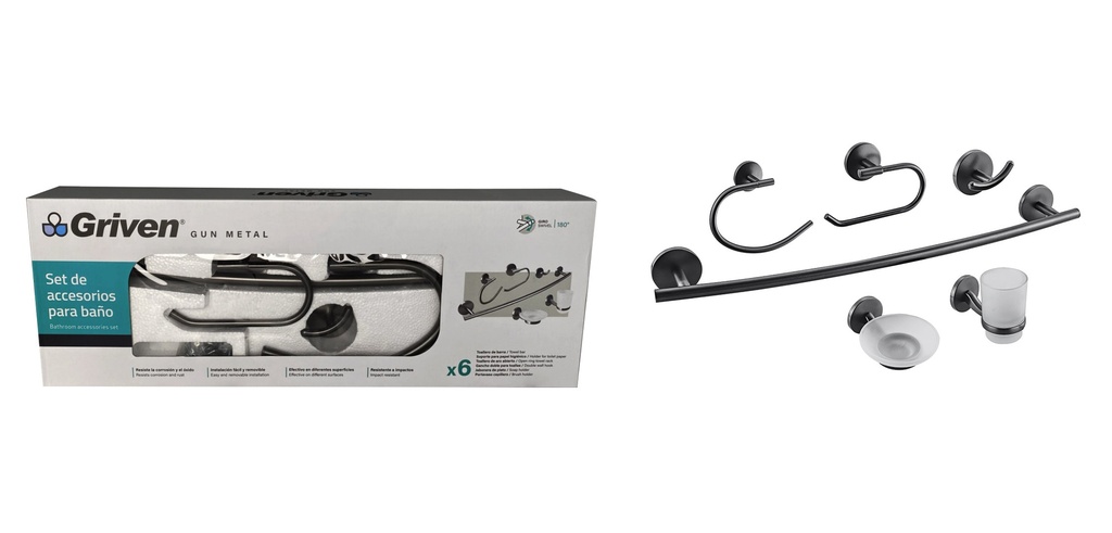 ACCESORIO DE BAÑO 6 PZA METALICO GRIVEN GUN METAL 7-123