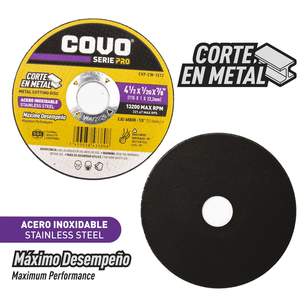 DISCO C/METAL EXTRA FINO 4 1/2" x 1/20" COVO PRO (PLANO) 7-132