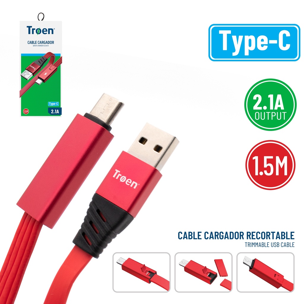 CABLE USB TIPO C 1,5 MTS 2.1 AMP ROJO TROEN 7-222