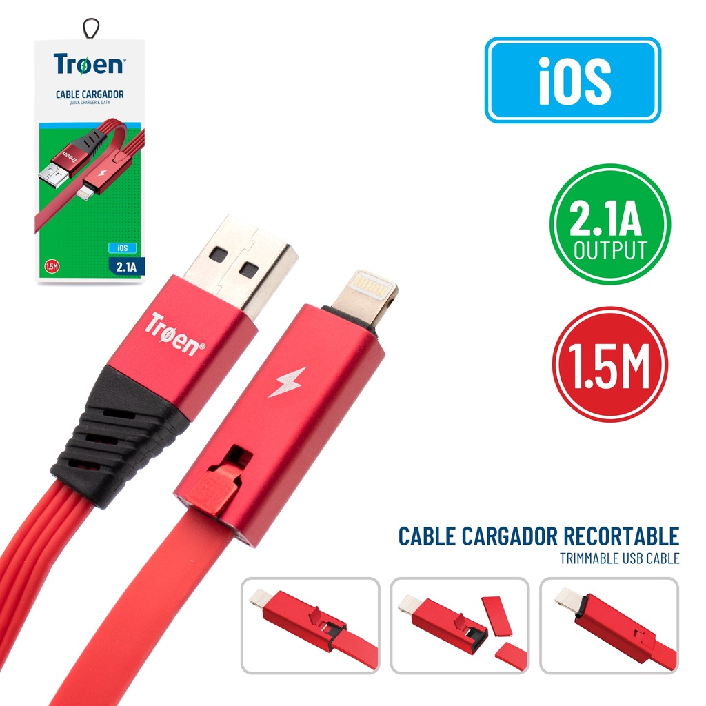 CABLE USB iOS 1,5 MTS 2.1 AMP ROJO TROEN 7-223