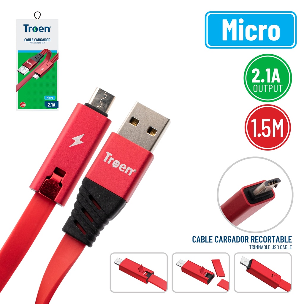 CABLE MICRO USB 1,5 MTS 2.1 AMP ROJO TROEN 7-224