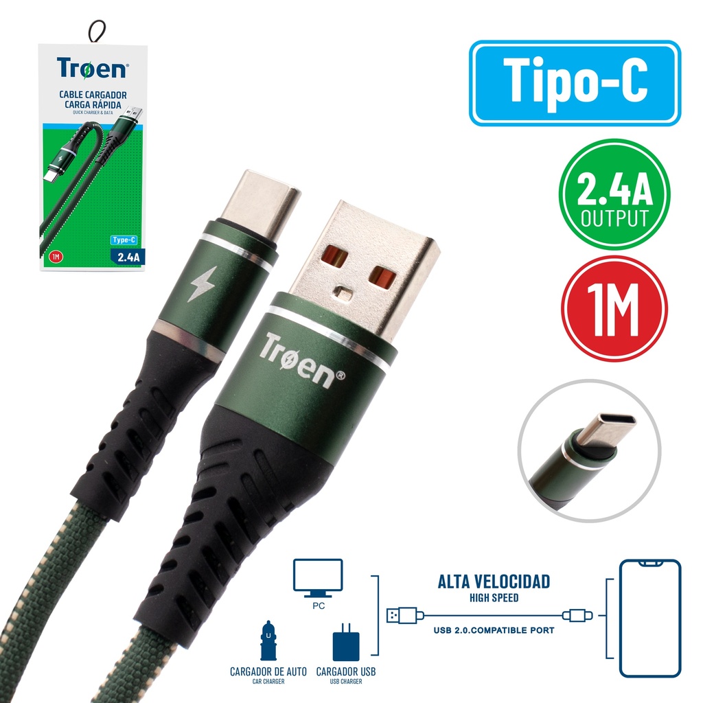 CABLE USB TIPO C 1 MTS 2.4 AMP NEGRO TROEN 7-225