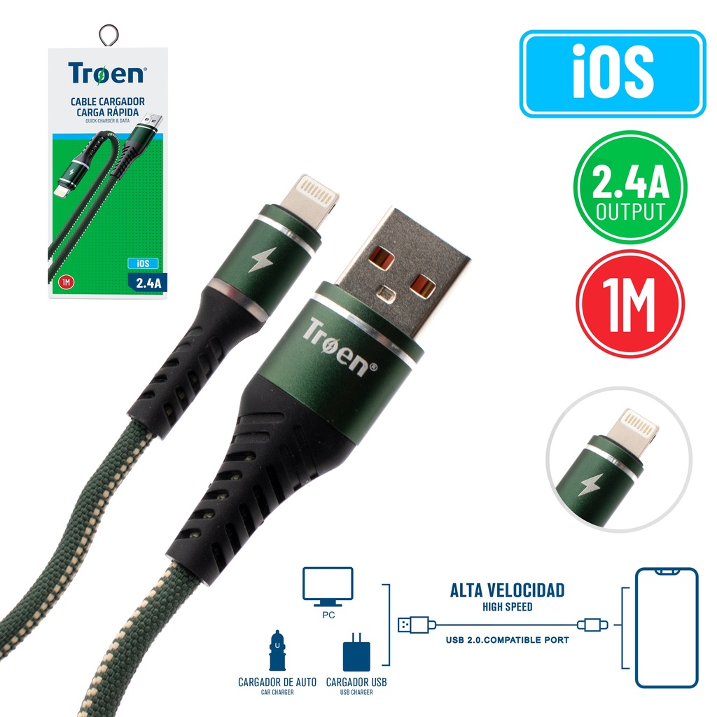 CABLE USB iOS 1 MTS 2.2 AMP NEGRO TROEN 7-226