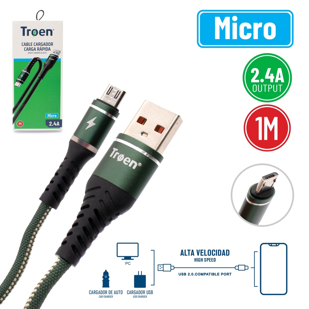 CABLE MICRO USB 1 MTS 2.4 AMP NEGRO TROEN 7-227