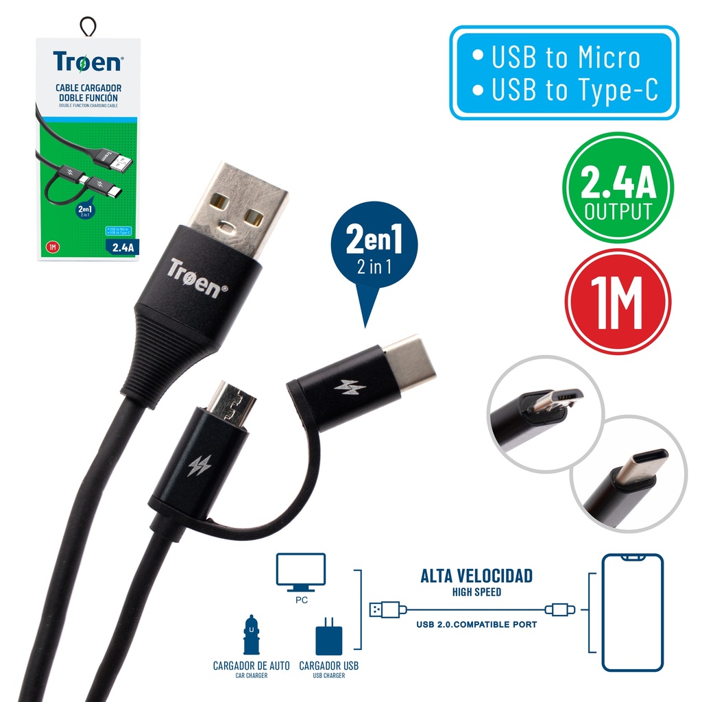 CABLE USB TIPO C / MICRO 1 MTS 2.4 AMP NEGRO TROEN 7-228