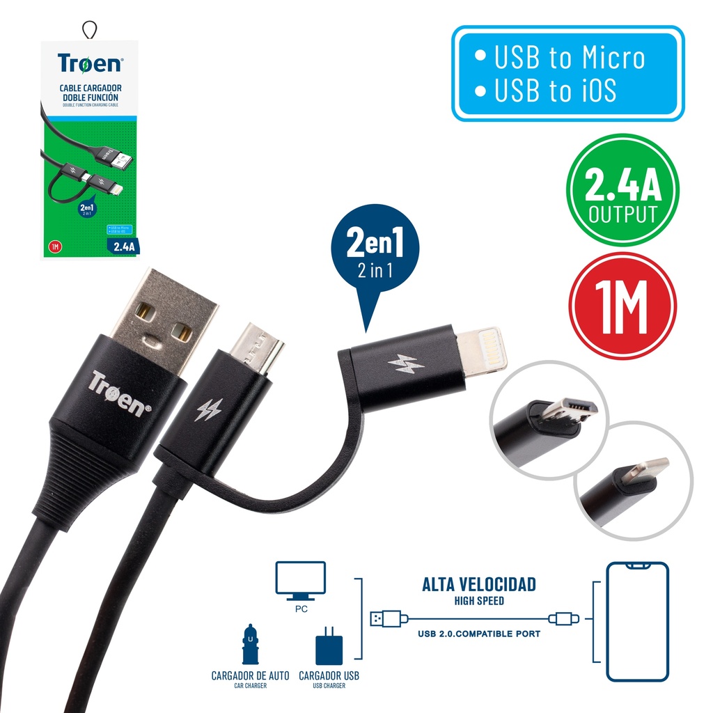 CABLE USB DOBLE FUNCION iOS Y MICRO 1 mts NEGRO TROEN 7-229 (DESC)