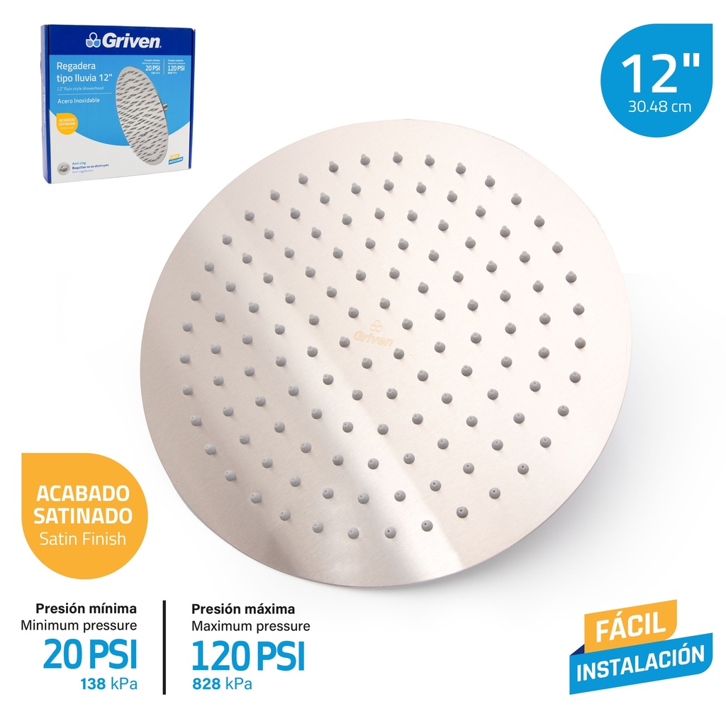 REGADERA REDONDA SATINADA 12¨ GRIVEN 7-339