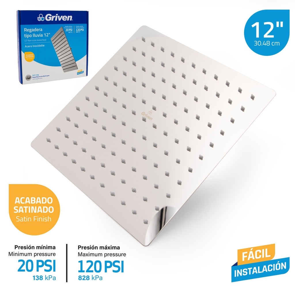 REGADERA CUADRADA SAzTINADA 12¨ GRIVEN 7-340