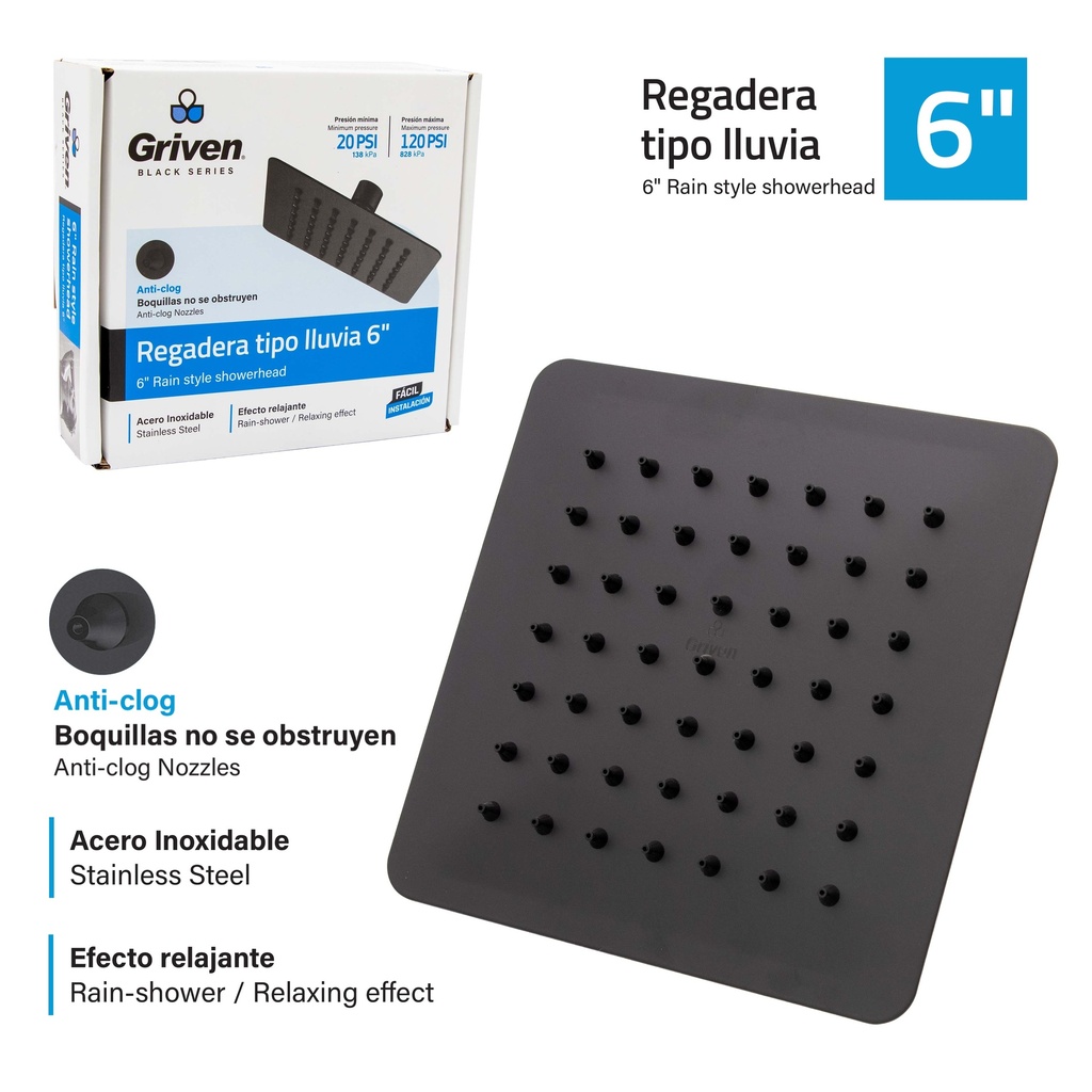 REGADERA CUADRADA 6¨ GRIVEN BLACK 7-342