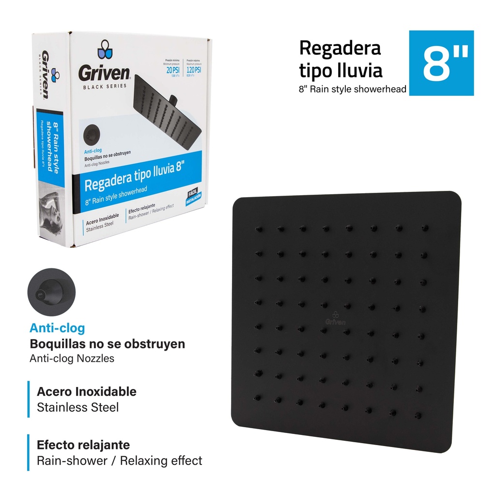 REGADERA CUADRADA 8¨ GRIVEN BLACK 7-344
