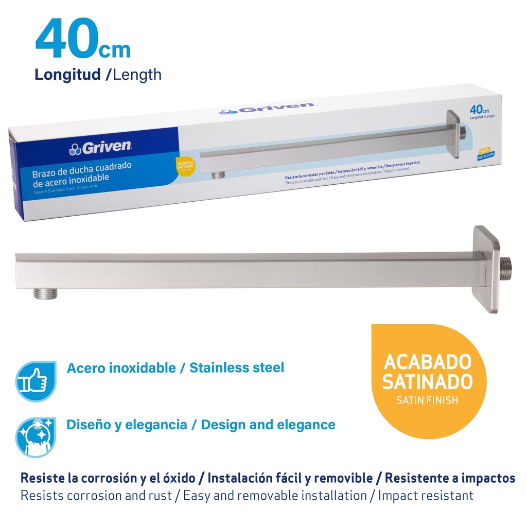 BRAZO P/REGADERA CUADRADA SATIN 40 CM GRIVEN 7-351