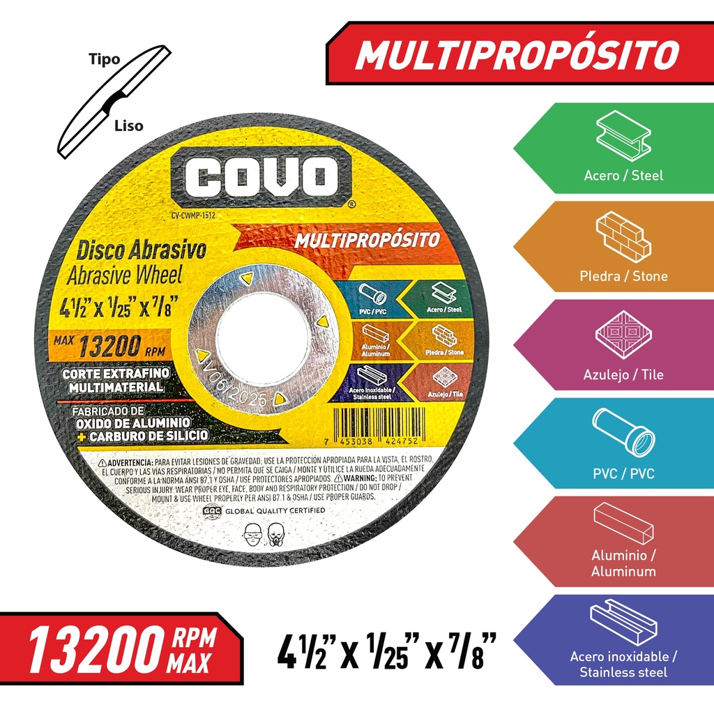 DISCO CORTE MULTIPROPOSITO 4 1/2" x 1/25" COVO (PLANO) 7-380