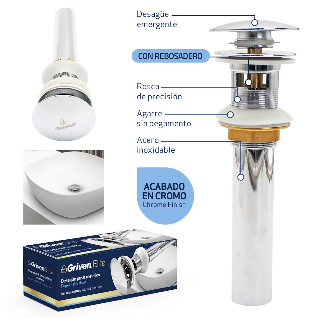 DESAGUE LAV METALICO PUSH CON REBOSADERO GRIVEN ELITE 7-404