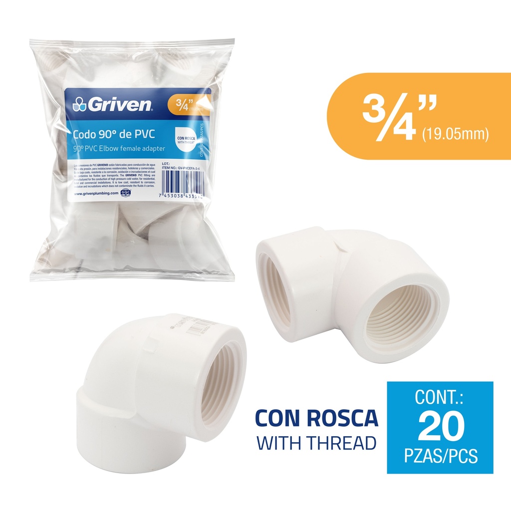 CODO PVC ROSCADO 3/4" X 90° GRIVEN 7-417