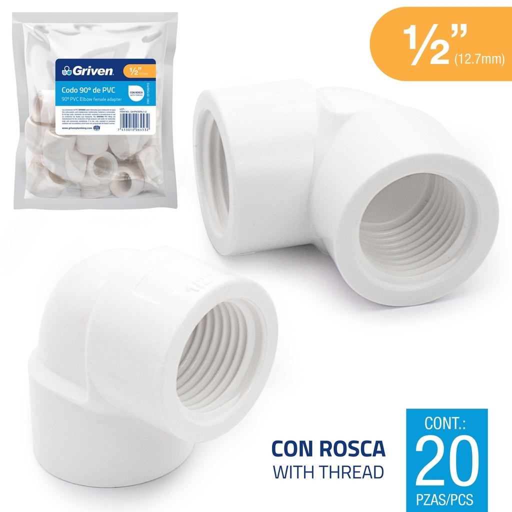 CODO PVC ROSCADO 1/2" X 90° GRIVEN 7-418