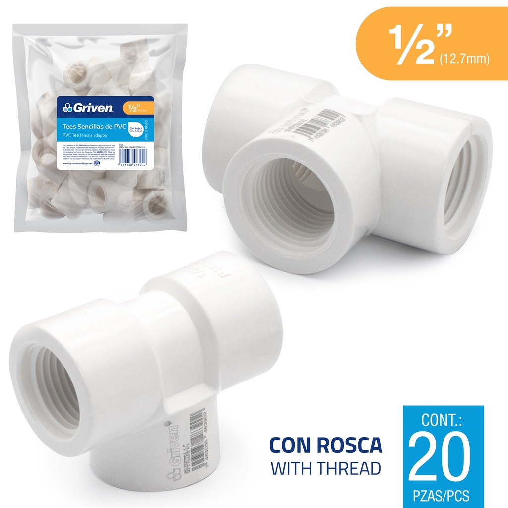 TEE PVC ROSCADA 1/2" GRIVEN 7-421