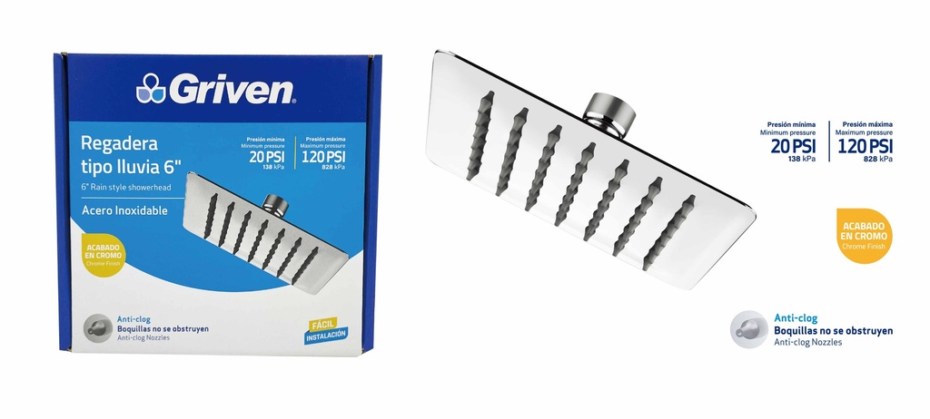 REGADERA CUADRADA 6" mGRIVEN 7-435