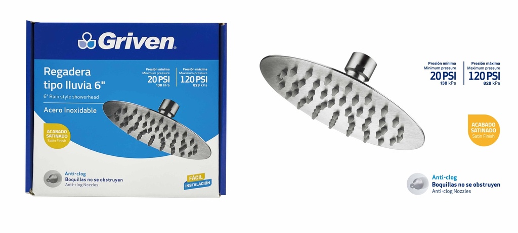 REGADERA REDONDA SATINADA 6" GRIVEN 7-442