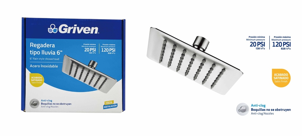 REGADERA CUADRADA SATINADA 6" GRIVEN 7-443