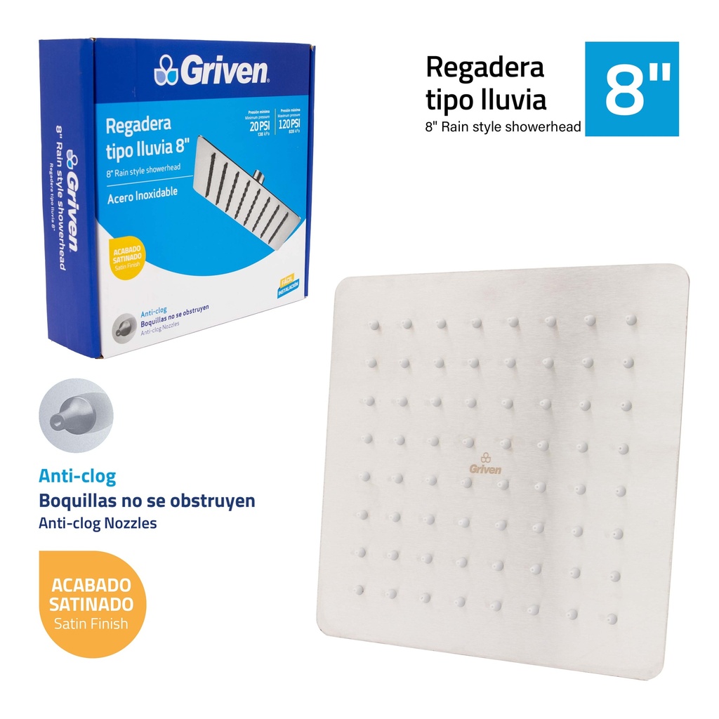 REGADERA CUADRADA SATINADA 8" GRIVEN 7-445