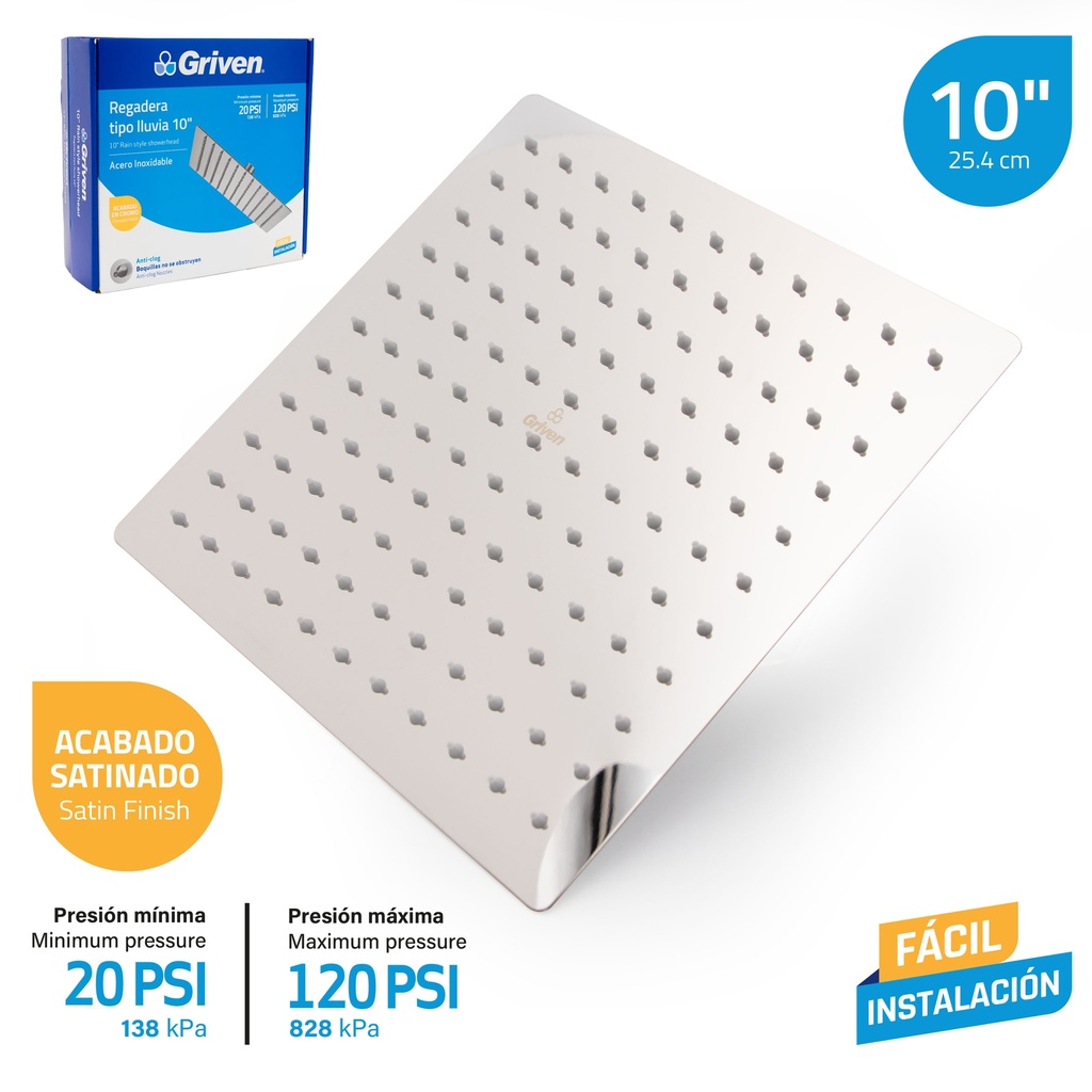 REGADERA CUADRADA SATINADA 10" GRIVEN 7-447