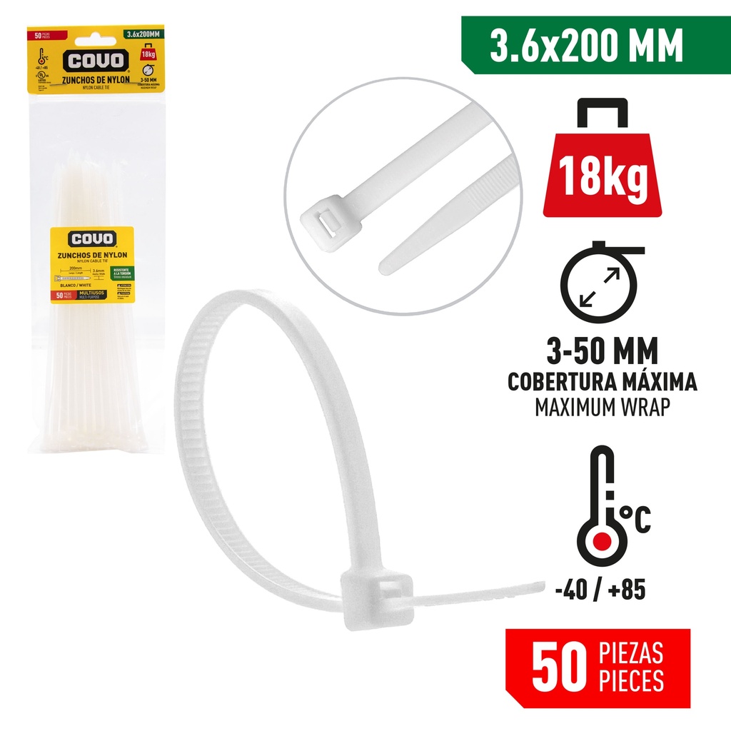TIRRAP 3.6mm x 200mm x 50 UNID BLANCO COVO 7-470