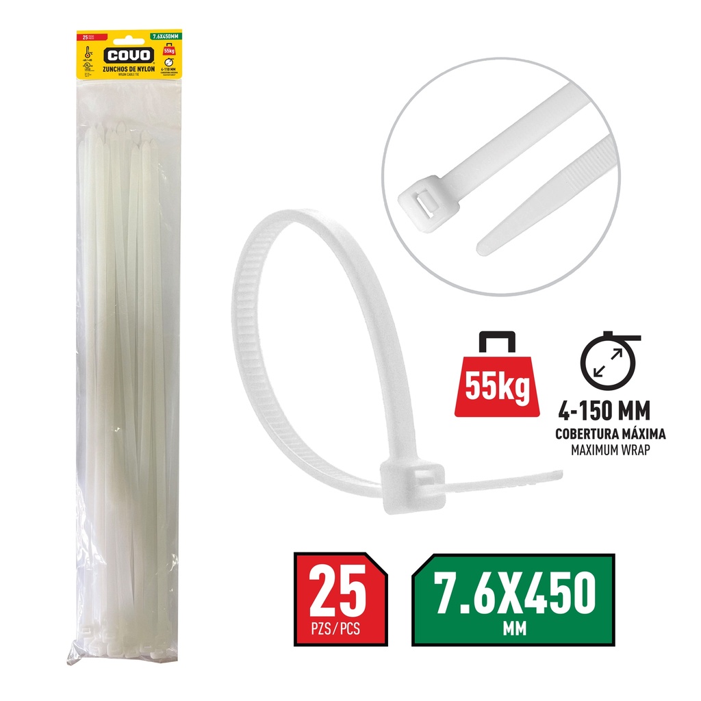TIRRAP 7.6mm x 450mm x 100 UNID BLANCO COVO 7-474