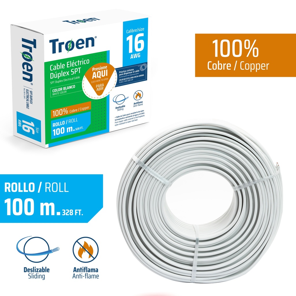 CABLE SPT 2X16 100 MTS 100% COBRE TROEN 7-527