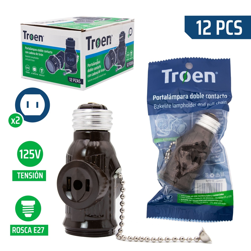 SOCATE DOBLE E27 C/CADENA NEGRO TROEN 7-528