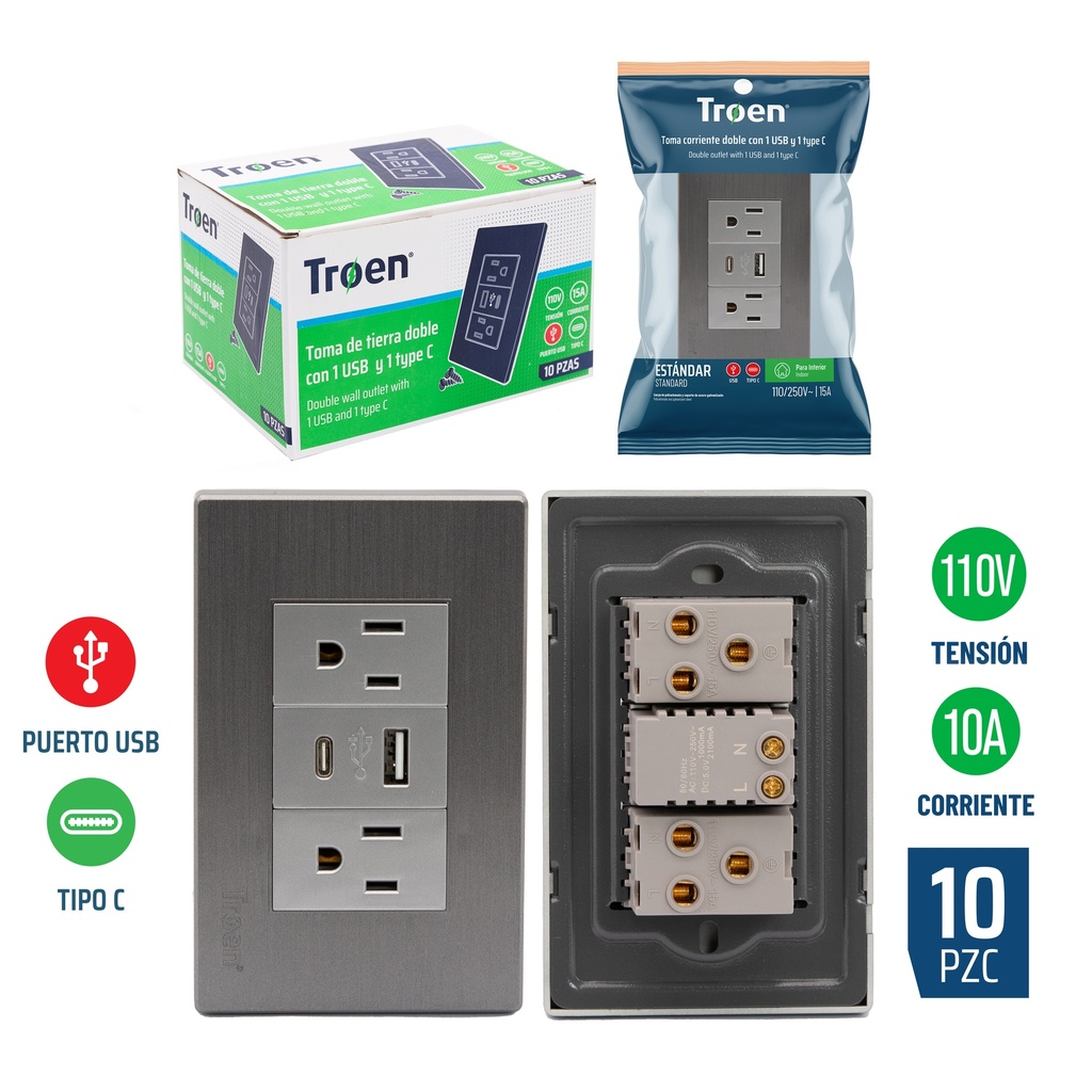 TOMA DOBLE C/TIERRA C/PUERTO USB + TIPO C GRIS TROEN 7-535