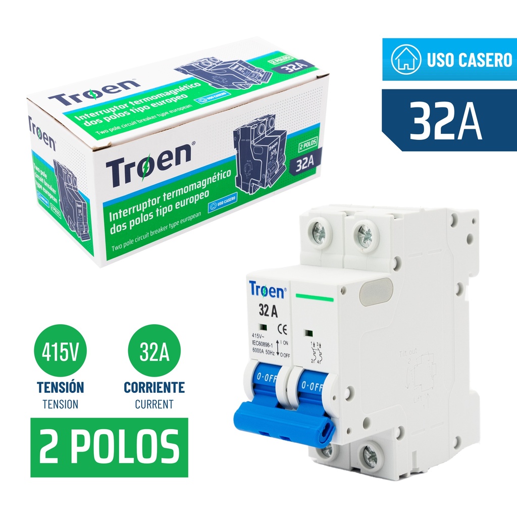 BREAKER TERMOMAGNETICO 2P x 32 AMP TROEN 7-543