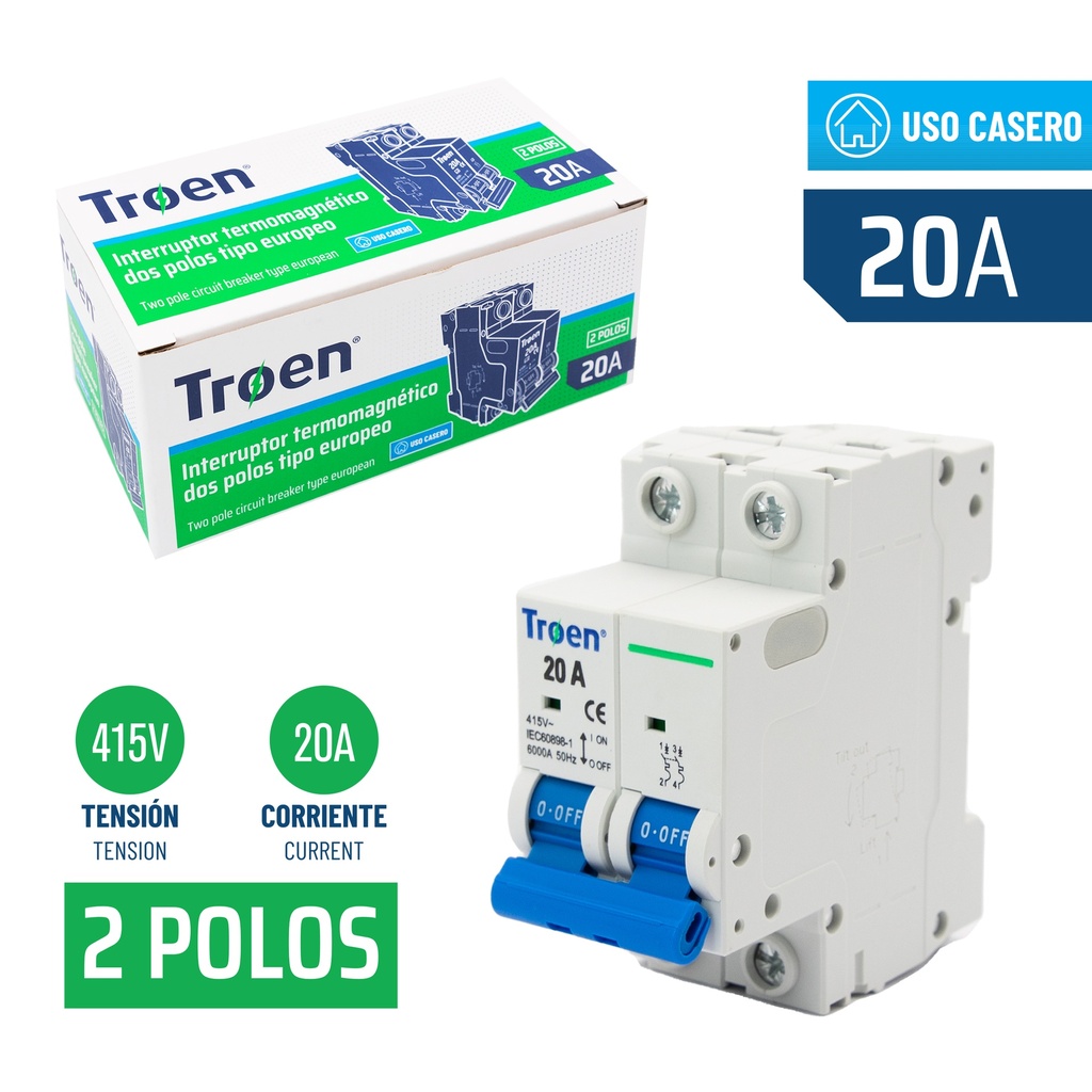 BREAKER TERMOMAGNETICO 2P x 20 AMP TROEN 7-556