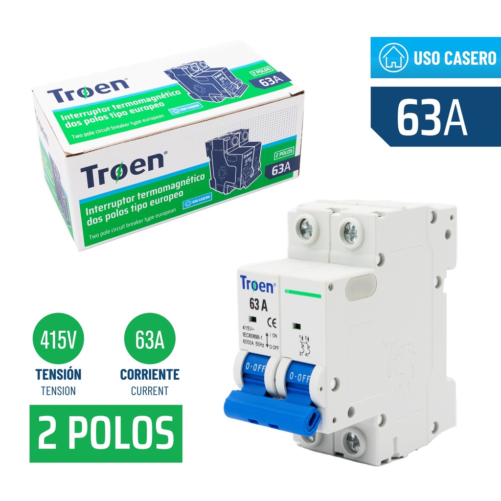 BREAKER TERMOMAGNETICO 2P x 63 AMP TROEN 7-558